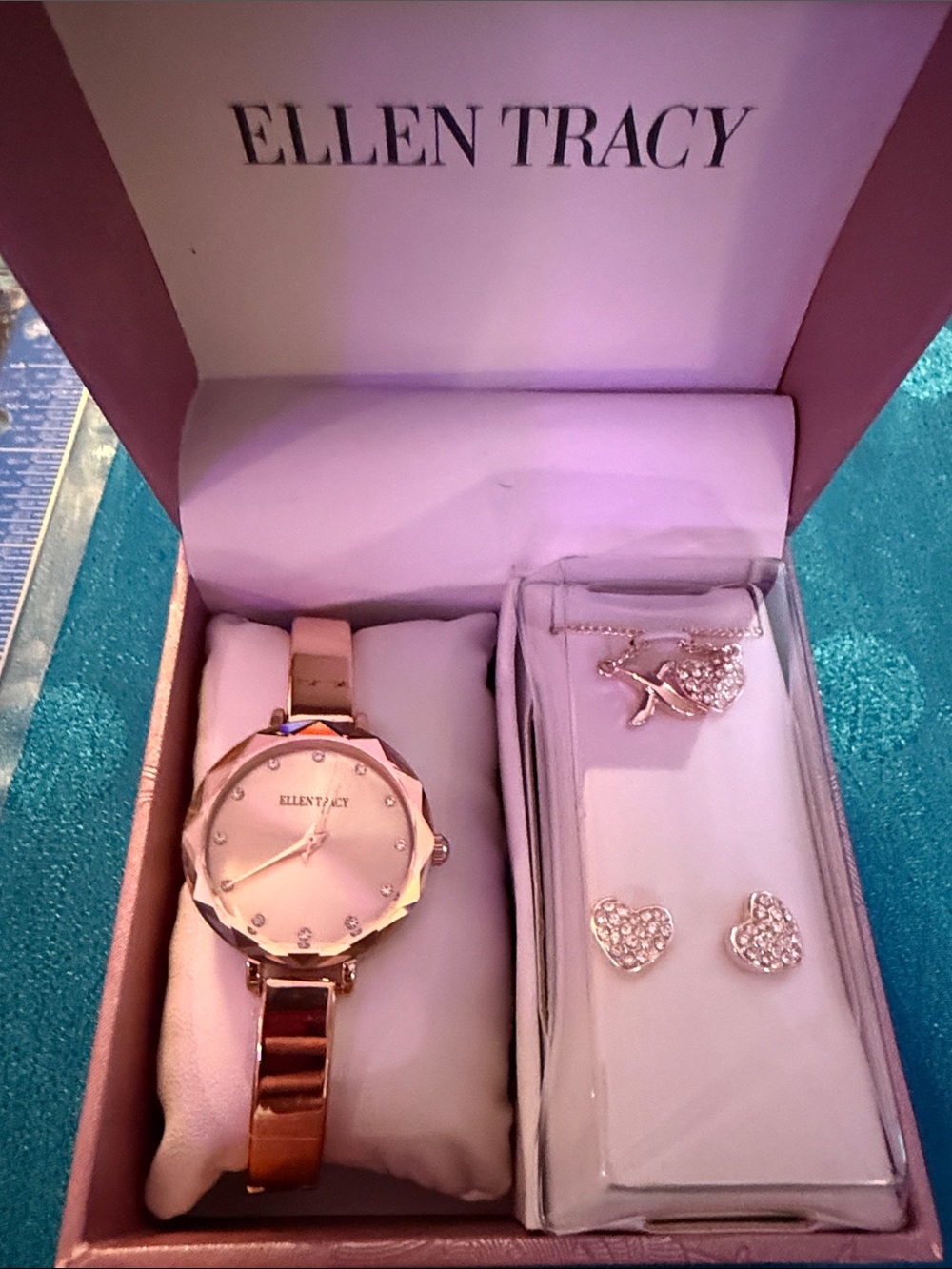 Ellen Tracy Rose Gold Watch and Heart Jewelry set
